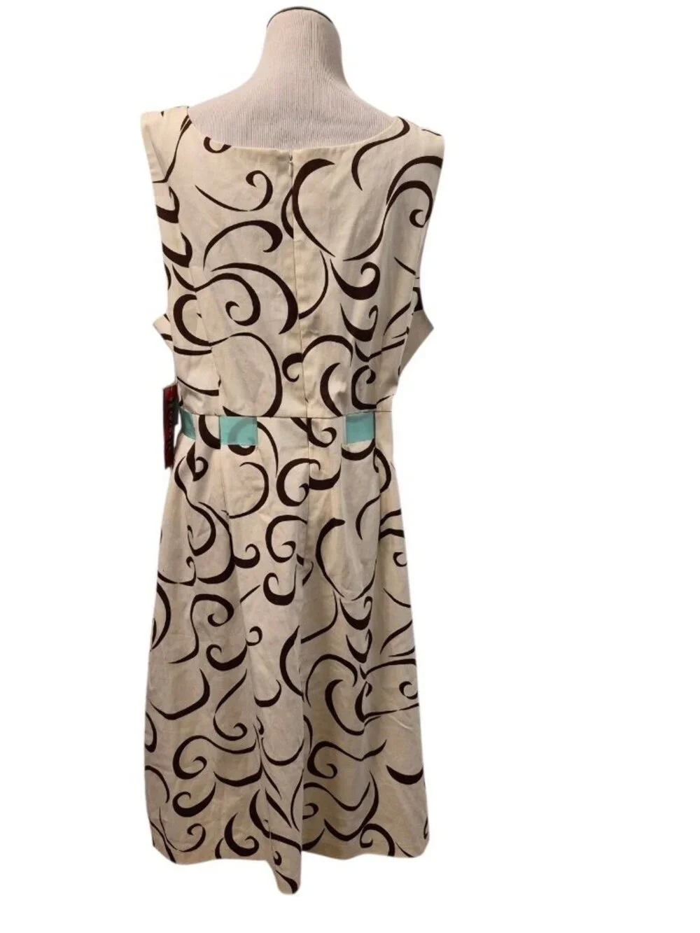 R &K Originals Dress Plus Size 24 Sleeveless Ribbon Belt Cream Brown Geometric